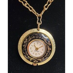 VINTAGE Lady Nelson Pendant WATCH GoldTone Black Necklace Chain Manual Wind VGUC